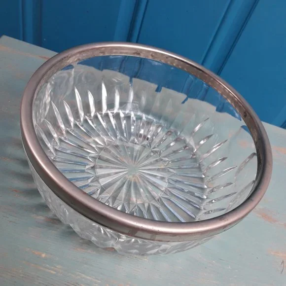 Cut Crystal Glass Bowl with Silver Plated Rim Vintage Serving Bowl - Picture 7 of 16